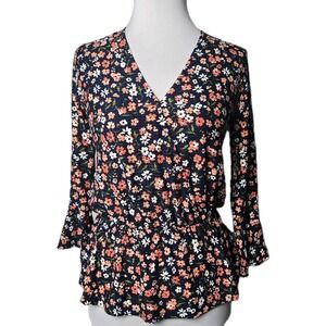 MK Michael Kors Blue Floral Peplum Style Faux‎ Wrap Top  Blouse Size P